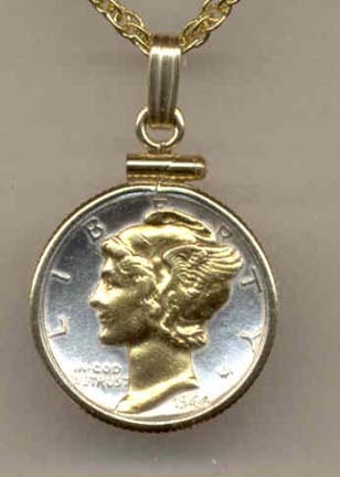 Mercury Dime (1916 - 1945) Two Tone Plain Edge U.S. Coin with 18" Chain