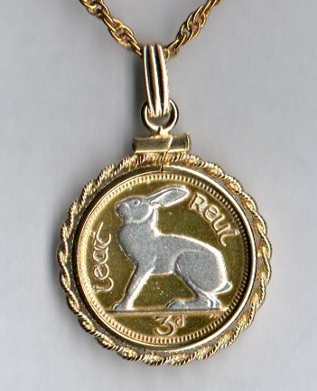 Ireland 3 Pence "White Rabbit" Two Tone Rope Bezel Coin on 18" Chain