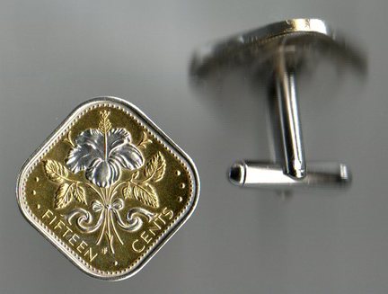 Bahamas 15 Cent "White Hibiscus" Two Tone Coin Cuff Links - 1 Pair