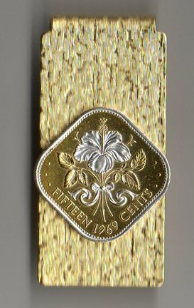 Bahamas 15 Cent "White Hibiscus" Two Tone Coin Hinge Money Clip 