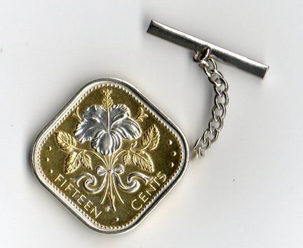 Bahamas 15 Cent "White Hibiscus" Two Tone Coin Tie Tack