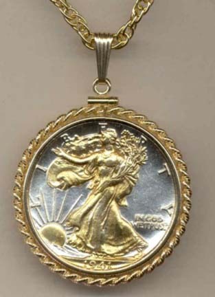 Walking Liberty Half  Dollar (1916 - 1947) Two Tone Rope Bezel U.S. Coin with 24" Chain
