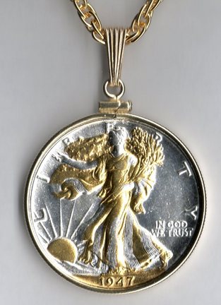 U.S. Walking Liberty Half Dollar (Minted 1916 - 1947) Two Tone Plain Bezel Coin with 24" Chain
