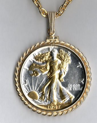U.S. Walking Liberty Half Dollar (Minted 1916 - 1947) Two Tone Rope Bezel Coin on 24" Chain