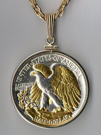 U.S. Walking Liberty Half Dollar Reverse (Minted 1916 - 1947) Two Tone Plain Bezel Coin with 24" Chain