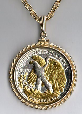 U.S. Walking Liberty Half Dollar Reverse (Minted 1916 - 1947) Two Tone Rope Bezel Coin on 24" Chain