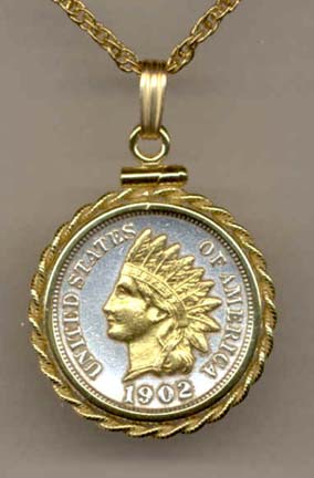 Indian Head Penny (1859 - 1909) Two Tone Rope Edge Coin Pendant with 18" Chain 