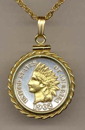 Indian Head Penny (1859 - 1909) Two Tone Rope Edge Coin Pendant with 18" Chain 