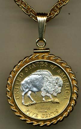 New Jefferson Nickel "Sacred White Buffalo" (2005) Two Tone Rope Bezel U.S. Coin with 18" Chain