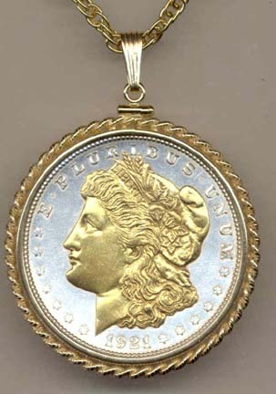 Morgan Silver Dollar (1878 - 1921) Two Tone Rope Bezel U.S. Coin with 24" Chain