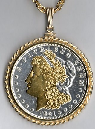 U.S. Morgan Silver Dollar (Minted 1878 - 1921) Two Tone Rope Bezel Coin on 24" Chain