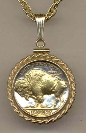Buffalo Nickel (1913 - 1938) Two Tone Rope Bezel U.S. Coin with 18" Chain
