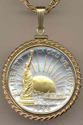 Statue of Liberty Half Dollar (1986) Two Tone Rope Bezel U.S. Coin with 24" Chain