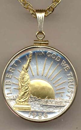 Statue of Liberty Half Dollar (1986) Two Tone Plain Edge U.S. Coin with 24" Chain 