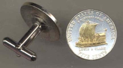 New Jefferson Nickel "Keel Boat" Two Tone U.S. Coin Cuff Links - 1 Pair
