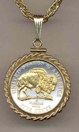 Buffalo Nickel (2005) Two Tone Rope Bezel U.S. Coin Pendant with 18" Chain 