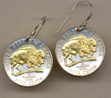 New Jefferson Nickel "Bison" Two Tone Coin Earrings