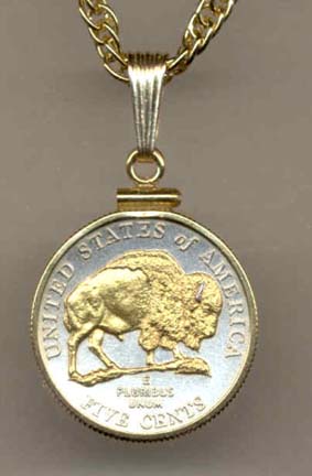 Buffalo Nickel (2005) Two Tone Plain Edge U.S. Coin Pendant with 18" Chain 