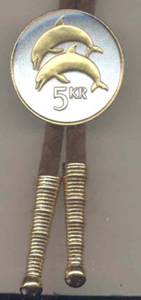 Iceland 5 Kronur "Dolphins" Two Tone Coin Bolo Tie