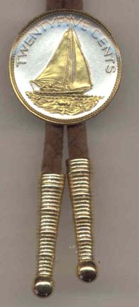 Bahamas 25 Cent "Sail Boat" Two Tone Coin Bolo Tie
