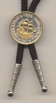 South African Penny “Sailing Ship” (Quarter Size) Two Tone Coin Bolo Tie