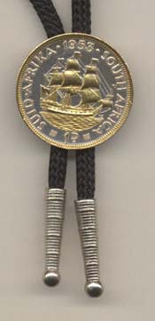 South African Penny “Sailing Ship” (Half Dollar Size) Two Tone Coin Bolo Tie
