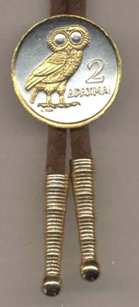 Greek 2 Drachma "Owl" Two Tone Coin Bolo Tie