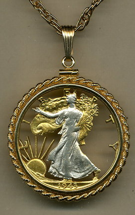 U.S. Walking Liberty Half Dollar Two Tone Coin Cut Out Pendant with 24" Chain and Rope Bezel