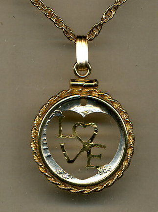 U.S. Dime "Special Cut Design" Two Tone Coin Cut Out Pendant with 18" Chain and Rope Bezel