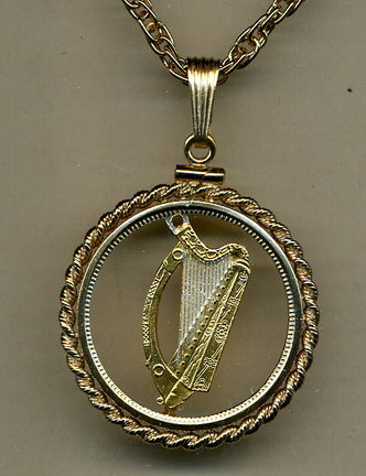 Irish 1/2 Penny "Harp" (1928 -1967) Two Tone Coin Cut Out Pendant with 18" Chain and Rope Bezel