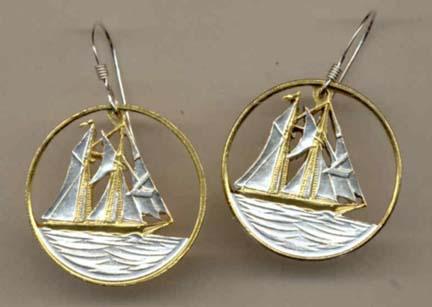 Cayman Islands 25 Cent "Sail Boat" Two Toned Coin Cut Out Earrings