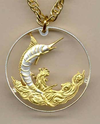 Bahamas 50 Cent "Blue Marlin" Two Tone Coin Cut Out with 24" Chain