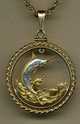 Bahamas 50 Cent "Blue Marlin" Two Tone Coin Cut Out Pendant with 24" Chain and Rope Bezel