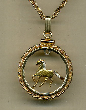 Uruguay 10 Centesimal “Horse“ Two Tone Coin Cut Out Pendant with 24" Chain and Rope Bezel