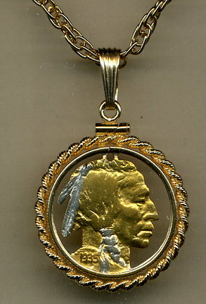U.S. Indian Nickel Two Tone Coin Cut Out Pendant with 18" Chain and Rope Bezel