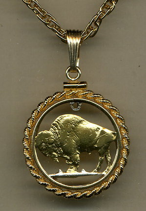 U.S. Buffalo Nickel Two Tone Coin Cut Out Pendant with 18" Chain and Rope Bezel