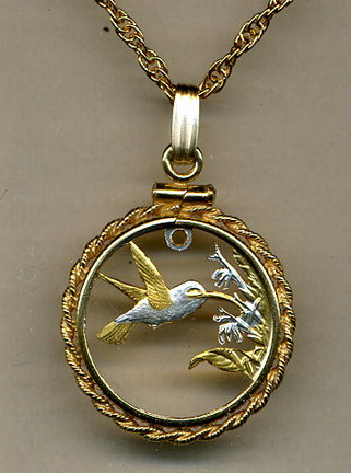 Trinidad & Tobago 1 Cent "Hummingbird" Two Tone Coin Cut Out Pendant with 18" Chain and Rope Bezel