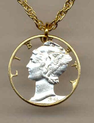 U.S. Mercury Dime Two Tone Coin Cut Out with 18" Chain
