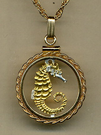Singapore 10 Cent “Sea Horse” Two Tone Coin Cut Out Pendant with 18" Chain and Rope Bezel