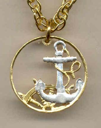 Spanish  50 Centimes "Anchor & Ships Wheel" Two Tone Coin Cut Out with 18" Chain