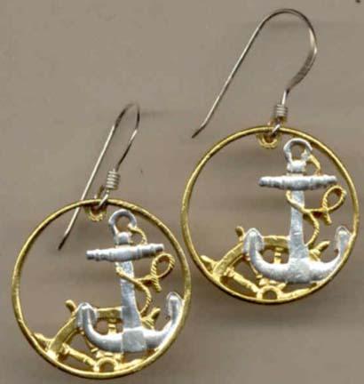 Spanish 50 Centimes “Anchor & Ships Wheel” Two Toned Coin Cut Out Earrings