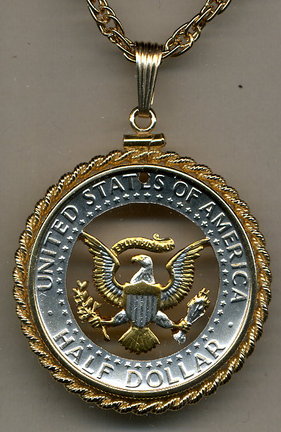 Kennedy Eagle Half Dollar Two Tone Coin Cut Out Pendant with 24" Chain and Rope Bezel