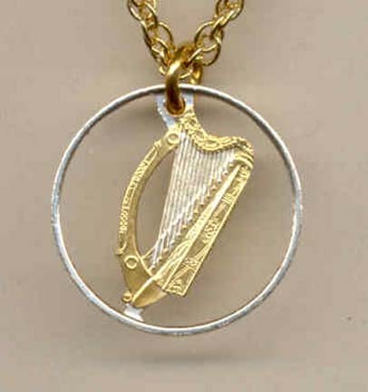 Irish Penny “Harp” Two Tone Coin Cut Out with 18" Chain
