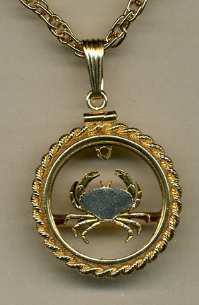 Guernsey Penny "Crab" Copper Two Tone Coin Cut Out Pendant with 18" Chain and Rope Bezel