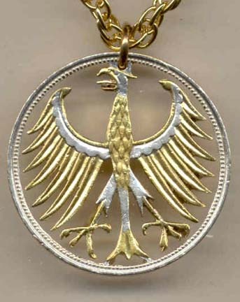 German 5 Mark "Eagle" Silver Two Tone Coin Cut Out Pendant with 24" Chain 