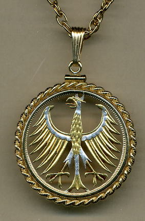 German 5 Mark "Eagle" Two Tone Coin Cut Out Pendant with 24" Chain and Rope Bezel
