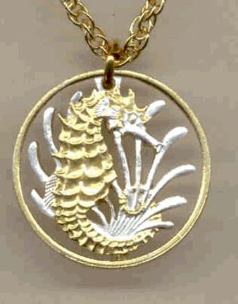Singapore 10 Cent "Seahorse and Seaweed" Two Tone Coin Cut Out Pendant with 18" Chain 