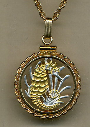 Singapore 10 Cent "Seahorse and Seaweed" Two Tone Coin Cut Out Pendant with 18" Chain and Rope Bezel