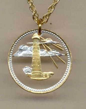 Barbados 5 Cent "Lighthouse" Two Tone Coin Cut Out Pendant with 18" Chain