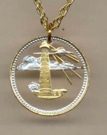 Barbados 5 Cent "Lighthouse" Two Tone Coin Cut Out Pendant with 18" Chain